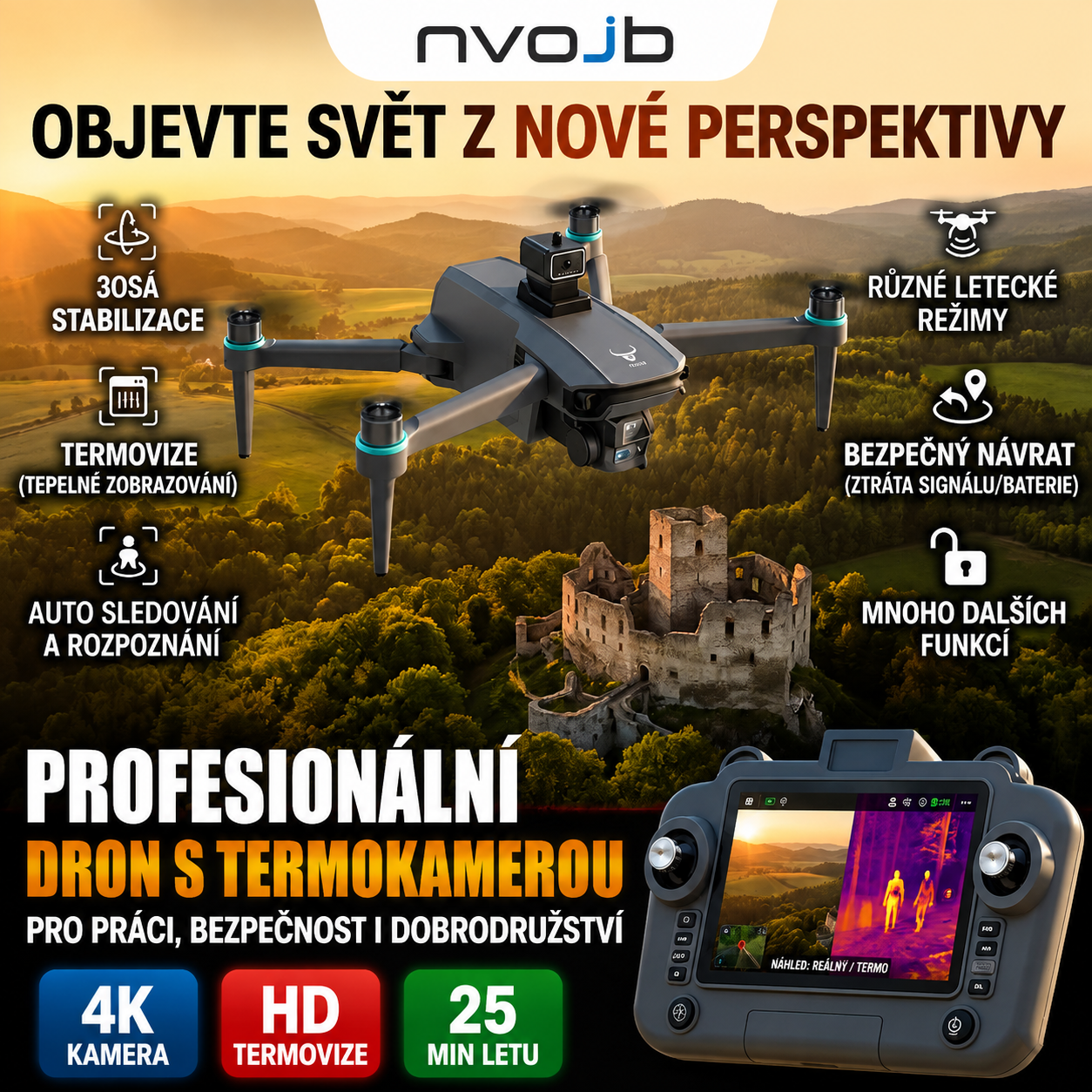 Profesionální termovizní dron s 4K kamerou, infračerveným zobrazováním a GPS, pro lov, bezpečnost a průmysl